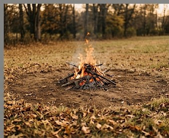 Small contained backyard brush pile burning safely with a cleared dirt perimeter, fall leaves in background
