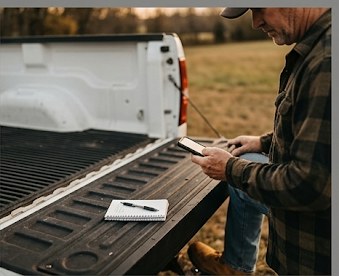 Rural homeowner using a phone at a pickup truck tailgate with a notepad, checking burn permit status before heading out to burn