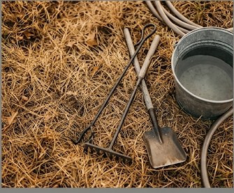 Heavy duty fire pit tool set — rake, shovel, and poker — laid on dry grass next to a galvanized water bucket